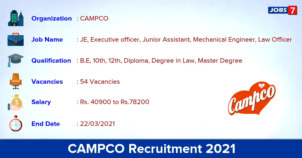 CAMPCO Recruitment 2021 - Apply for 54 JE vacancies