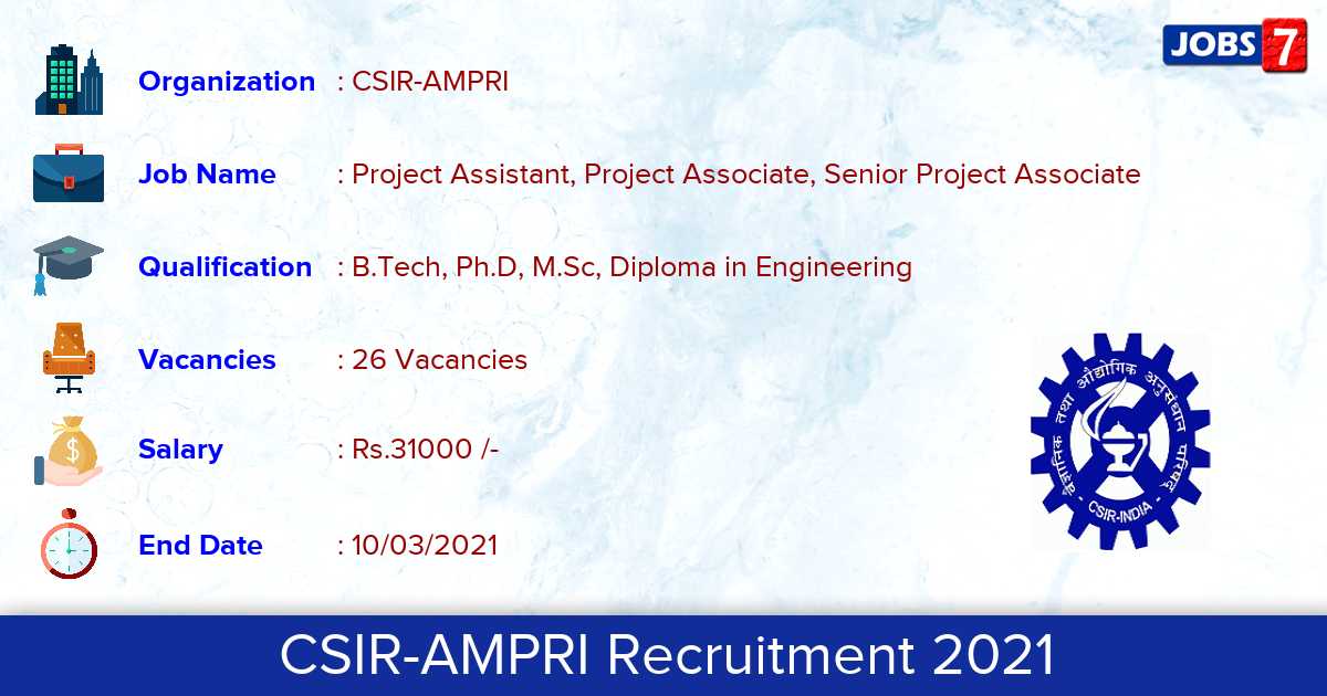 CSIR-AMPRI Recruitment 2021 - Apply for 26 Project Assistant vacancies