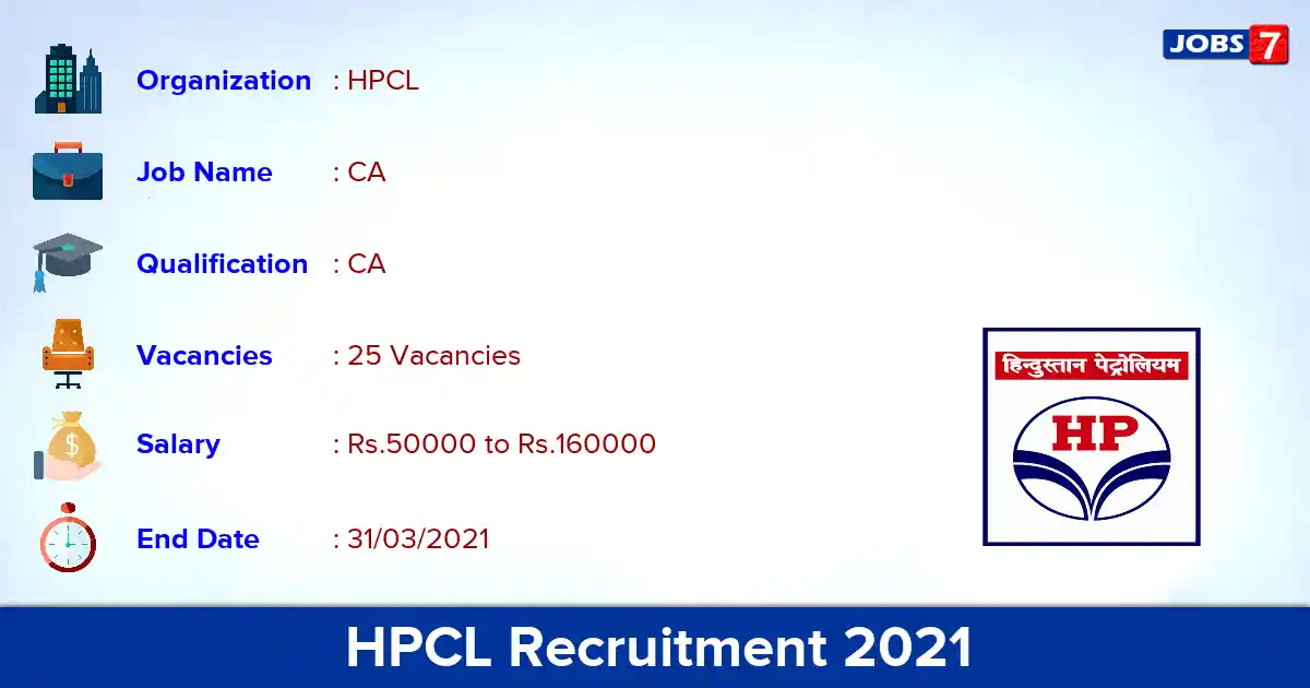 HPCL Recruitment 2021 - Apply for 25 Chartered Accountant vacancies