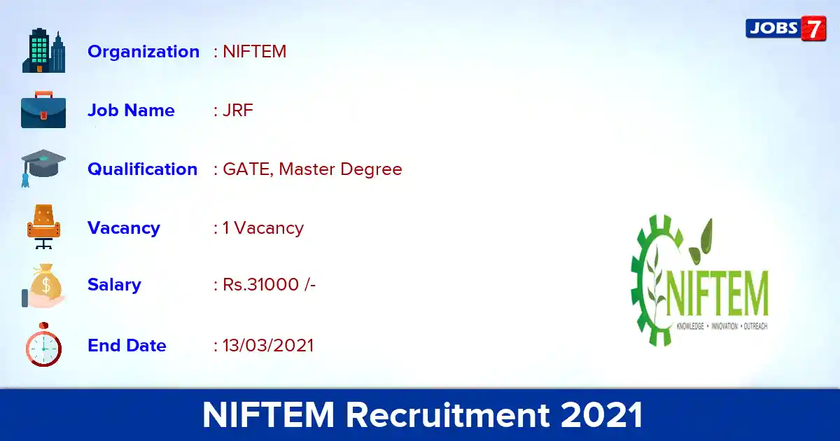 NIFTEM Recruitment 2021 - Apply for Junior Research Fellow Jobs
