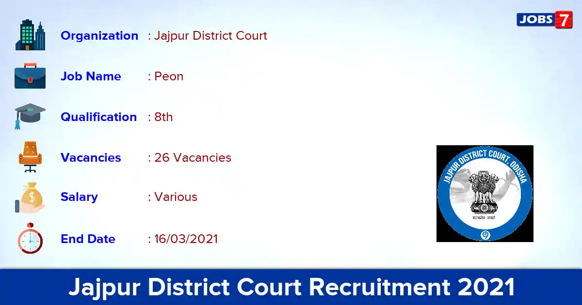 Jajpur District Court Recruitment 2021 - Apply for 26 Peon vacancies