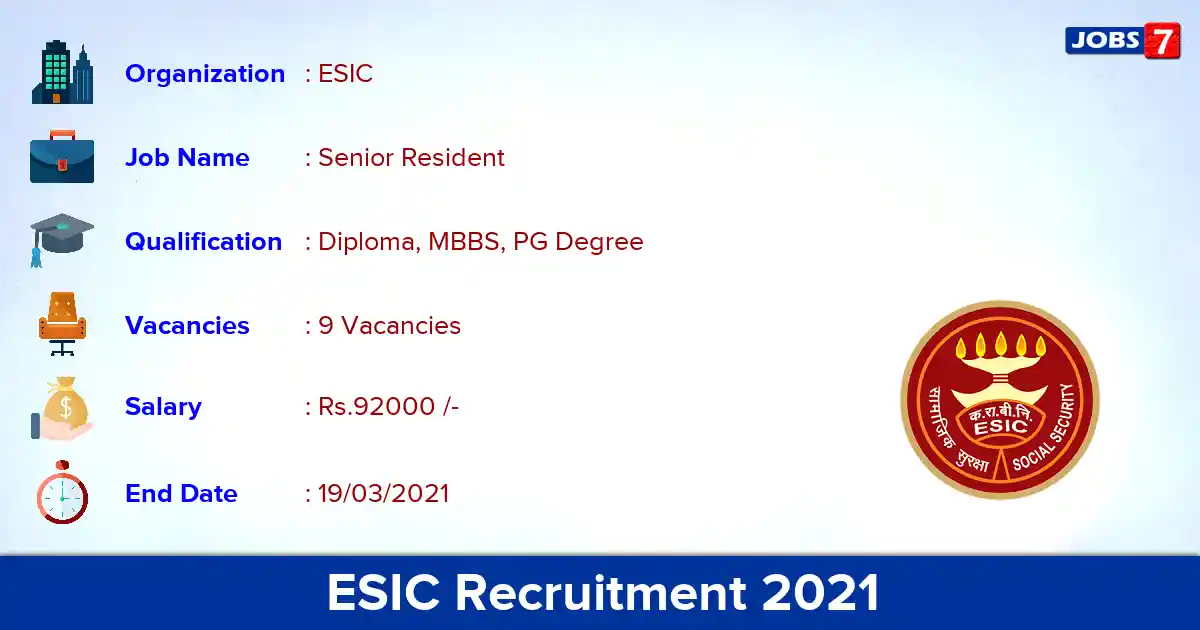 ESIC Recruitment 2021 - Apply for Senior Resident Jobs