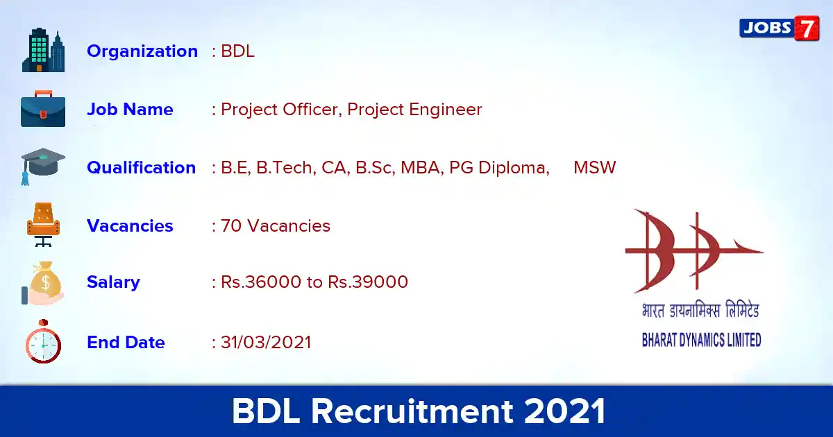BDL Recruitment 2021 - Apply Online for 70 Project Officer, Project Engineer vacancies