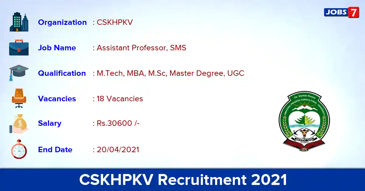 CSKHPKV Recruitment 2021 - Apply Offline for 18 Assistant Professor vacancies