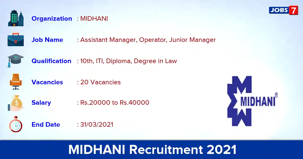 MIDHANI Recruitment 2021 - Apply Online for 20 Manager vacancies