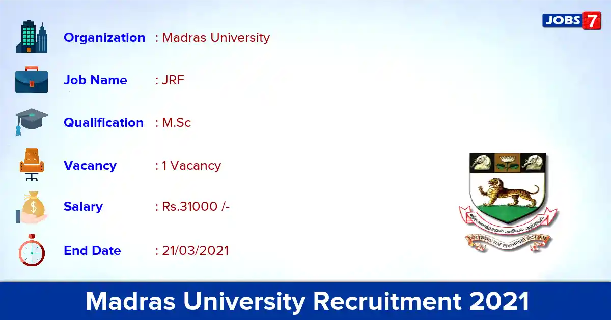 Madras University Recruitment 2021 - Apply Offline for JRF Jobs