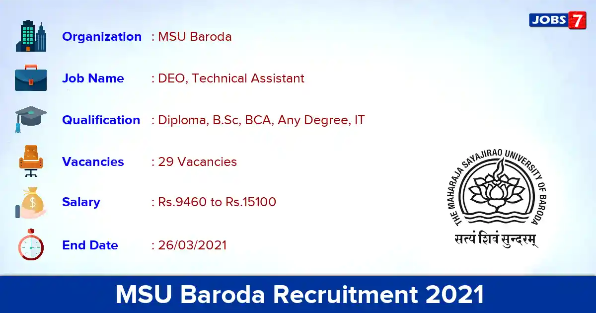 MSU Baroda Recruitment 2021 - Apply Online for 29 DEO, Technical Assistant vacancies