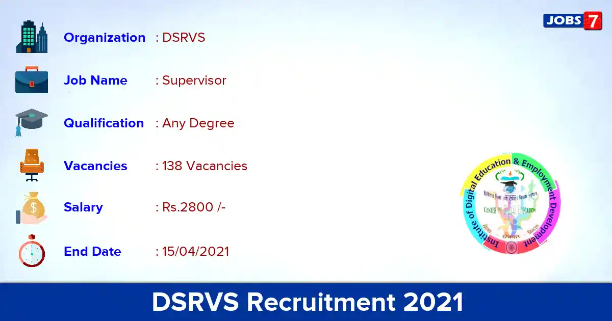 DSRVS Recruitment 2021 - Apply Online for 138 Block Program Supervisor vacancies