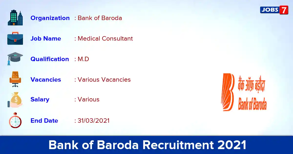 Bank of Baroda Recruitment 2021 - Apply Offline for Medical Consultant vacancies