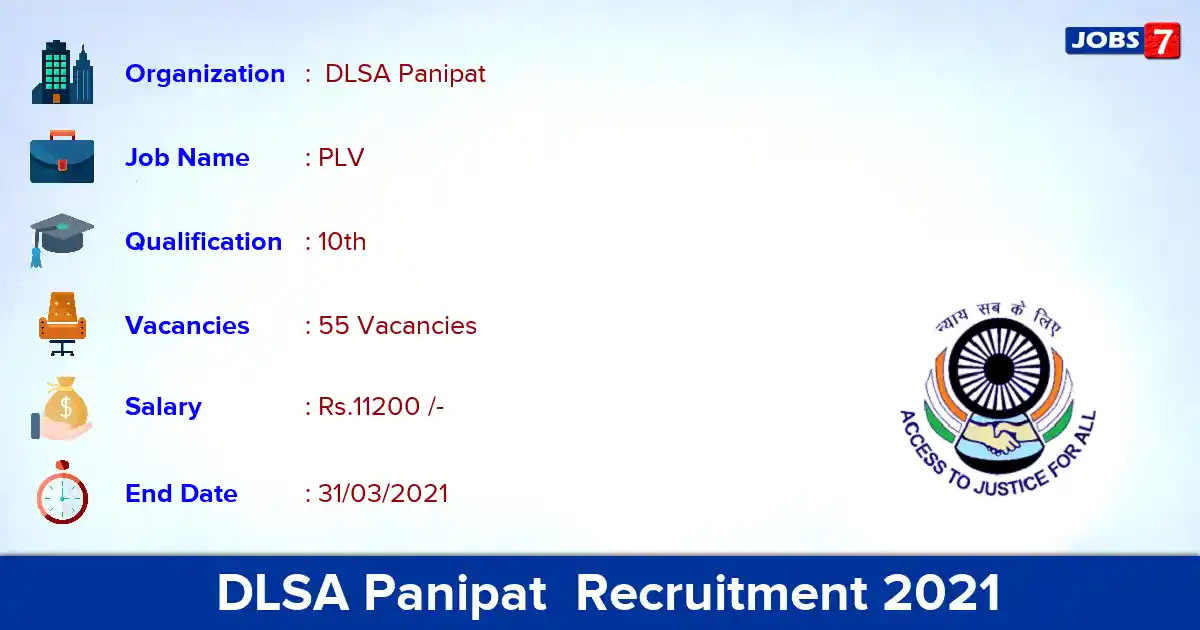 DLSA Panipat  Recruitment 2021 - Apply Offline for 55 PLV vacancies