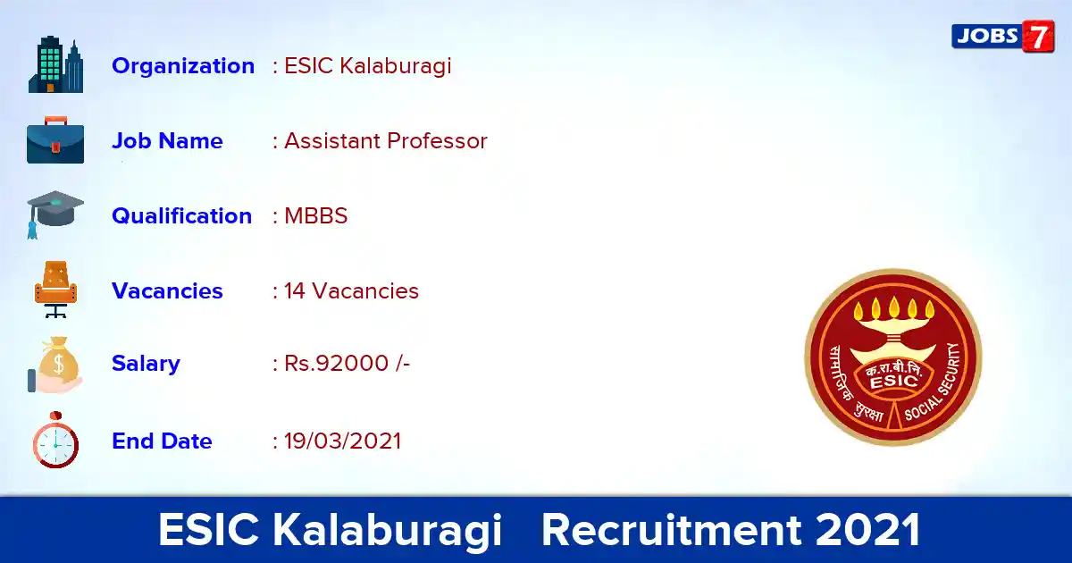 ESIC Kalaburagi   Recruitment 2021 - Apply Offline for 14 Assistant Professor vacancies