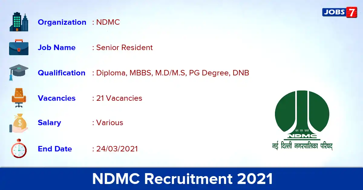 NDMC Recruitment 2021 - Apply Offline for 21 Senior Resident vacancies