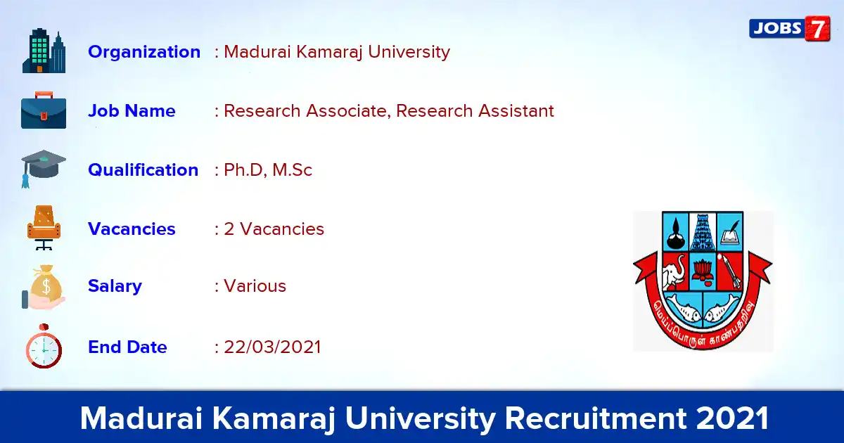 Madurai Kamaraj University Recruitment 2021 - Apply Offline for Research Assistant Jobs