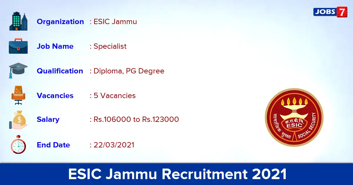 ESIC Jammu Recruitment 2021 - Apply Offline for Specialist Jobs