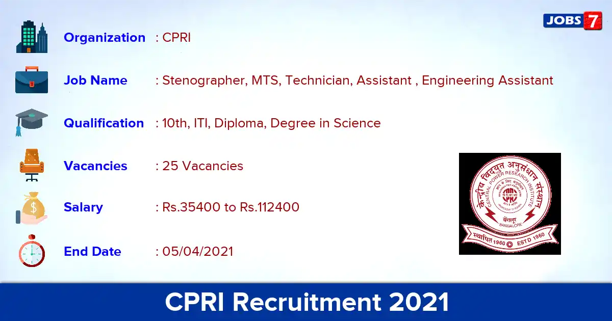 CPRI Recruitment 2021 - Apply Online for 25 Stenographer, MTS vacancies
