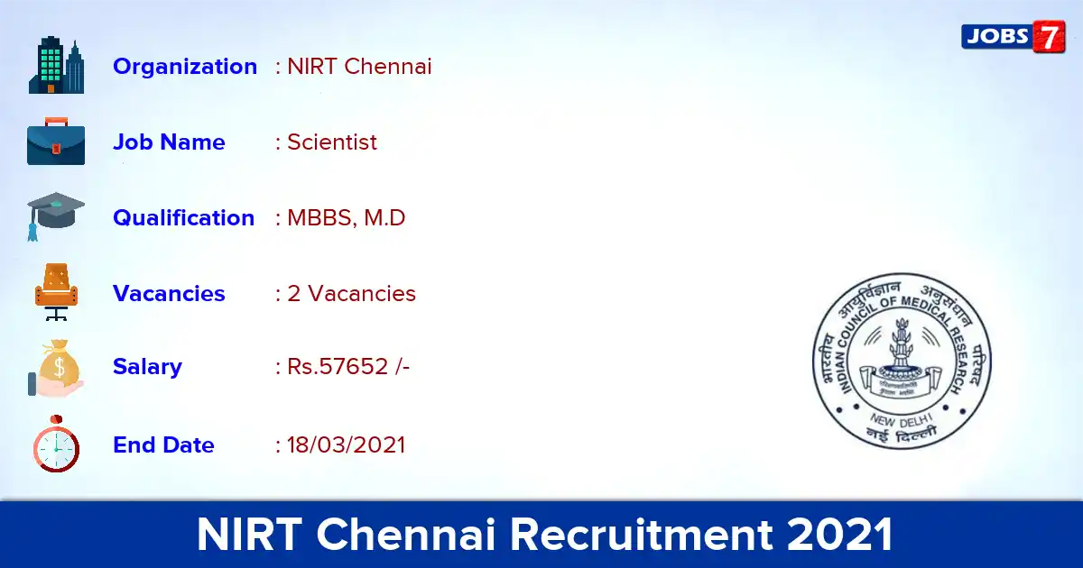NIRT Chennai Recruitment 2021 - Apply for Scientist Jobs