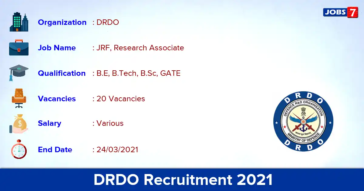 DRDO Recruitment 2021 - Apply Online for 20 JRF, Research Associate vacancies