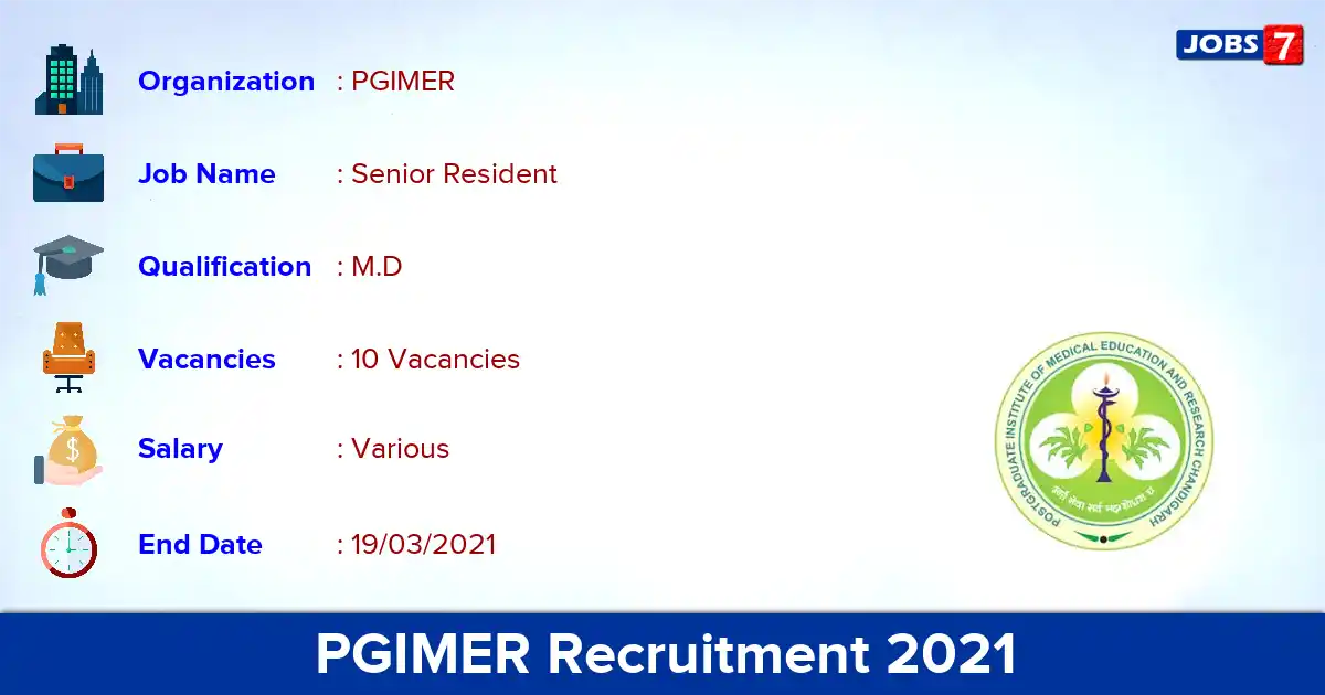 PGIMER Recruitment 2021 - Apply for 10 Senior Resident vacancies