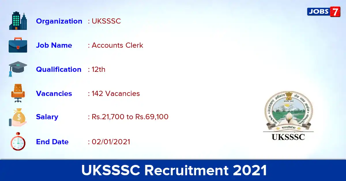 UKSSSC Recruitment 2021 - Apply Online for 142 Accounts Clerk vacancies