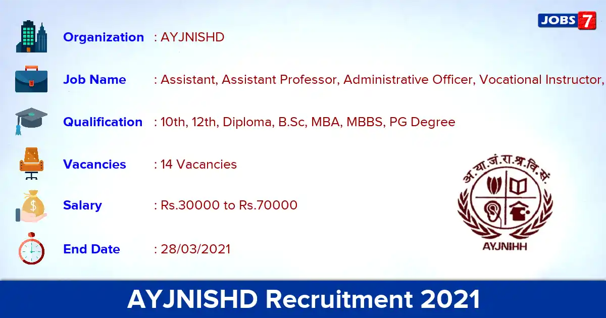 AYJNISHD Recruitment 2021 - Apply Offline for 14 Assistant Professor vacancies