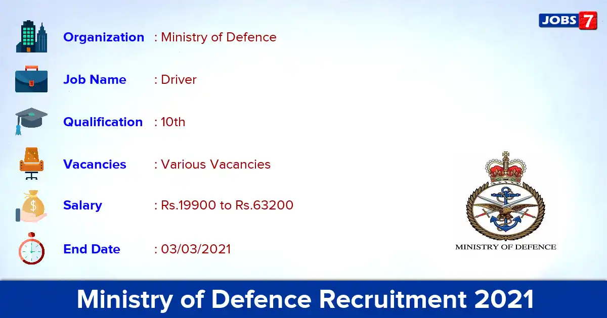 Ministry of Defence Recruitment 2021 - Apply Offline for Driver vacancies