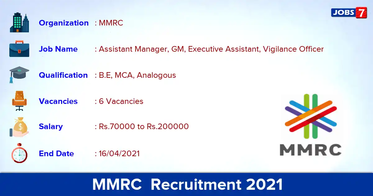 MMRC  Recruitment 2021 - Apply Online for Assistant Manager Jobs