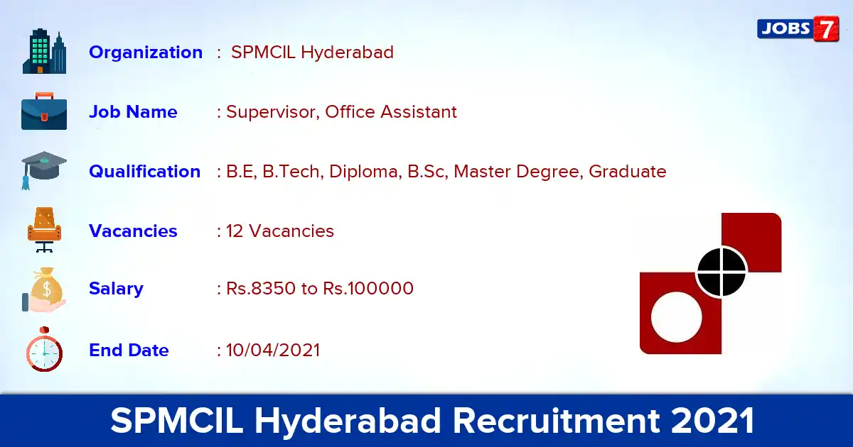  SPMCIL Hyderabad Recruitment 2021 - Apply Online for 12 Supervisor, Office Assistant  vacancies