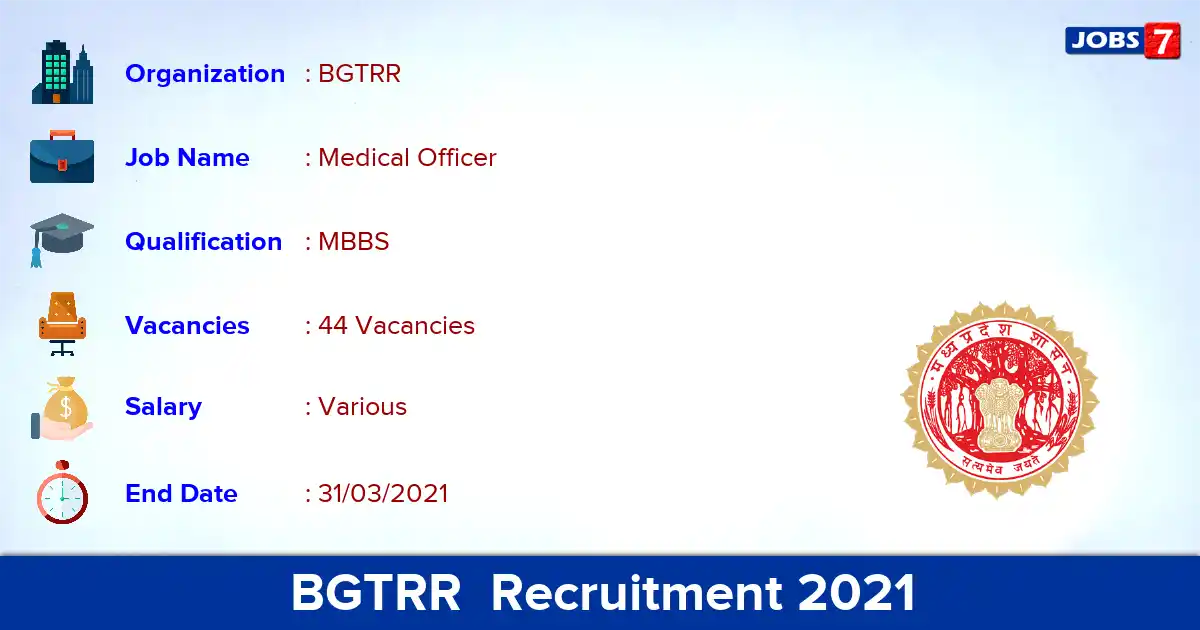 BGTRR  Recruitment 2021 - Apply Offline for 44 Medical Officer vacancies