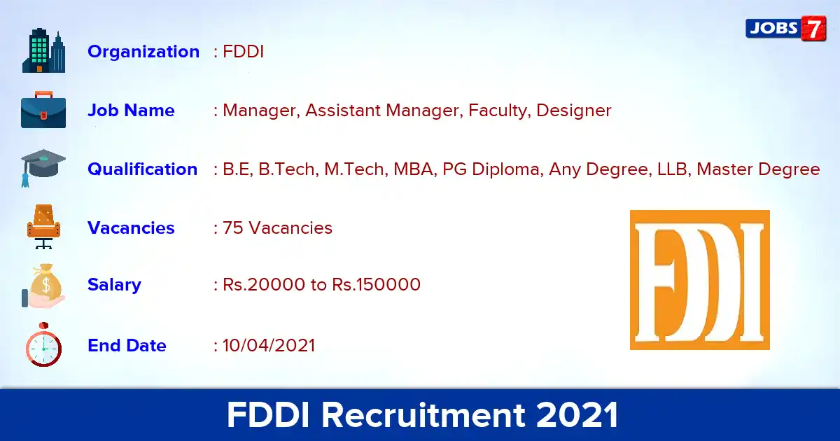 FDDI Recruitment 2021 - Apply for 75 Manager, Assistant Manager vacancies