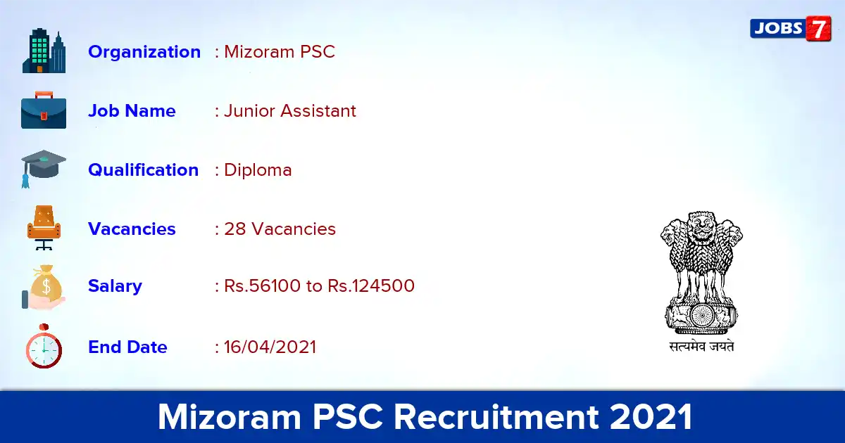 Mizoram PSC Recruitment 2021 - Apply Online for 28 Junior Assistant vacancies
