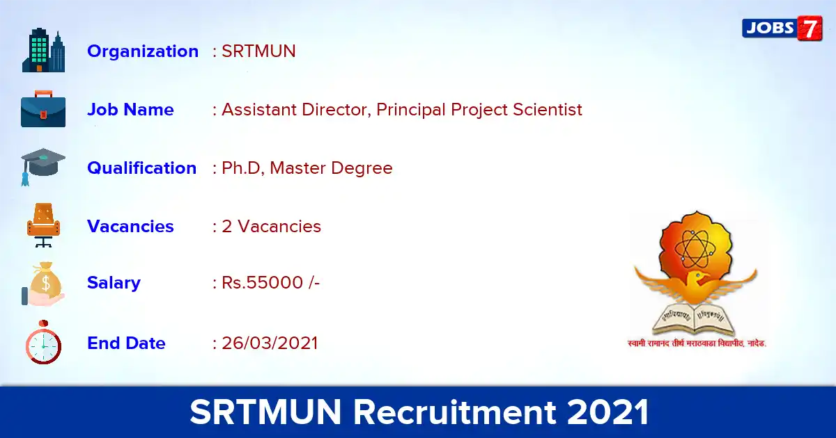 SRTMUN Recruitment 2021 - Apply Offline for Assistant Director, Principal Project Scientist Jobs