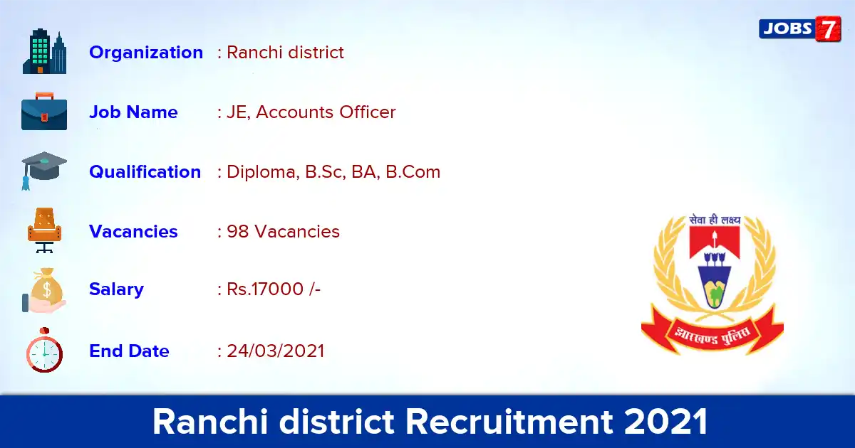 Ranchi district Recruitment 2021 - Apply Offline for 98 JE, Accounts Officer vacancies