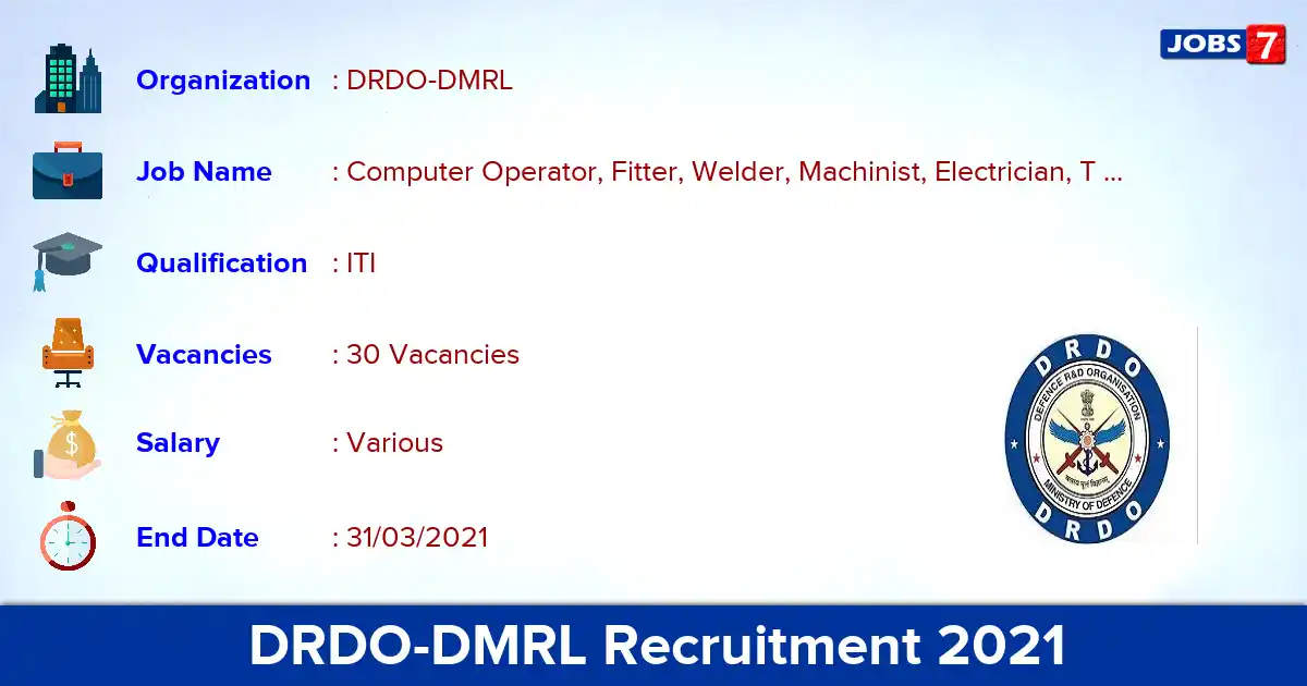 DRDO-DMRL Recruitment 2021 - Apply Online for 30 Computer Operator vacancies