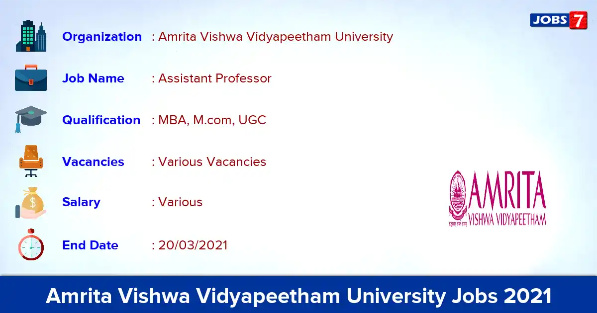 Amrita Vishwa Vidyapeetham University Recruitment 2021 - Apply Online for Assistant Professor vacancies