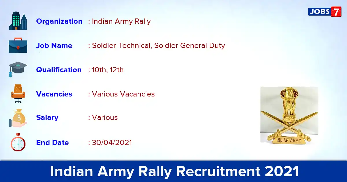 Indian Army Rally Recruitment 2021 - Apply Online for Soldier Technical vacancies