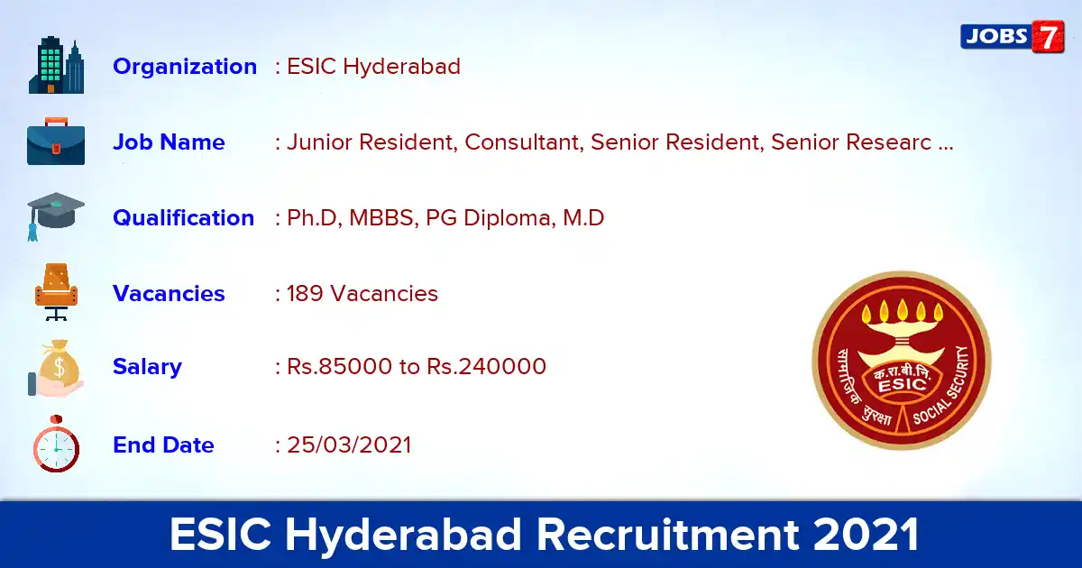 ESIC Hyderabad Recruitment 2021 - Apply Online for 189 Senior Resident vacancies