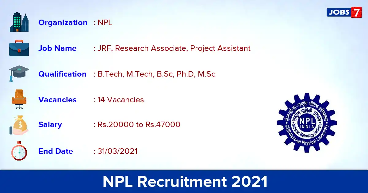 NPL Recruitment 2021 - Apply Online for 14 JRF, Research Associate vacancies