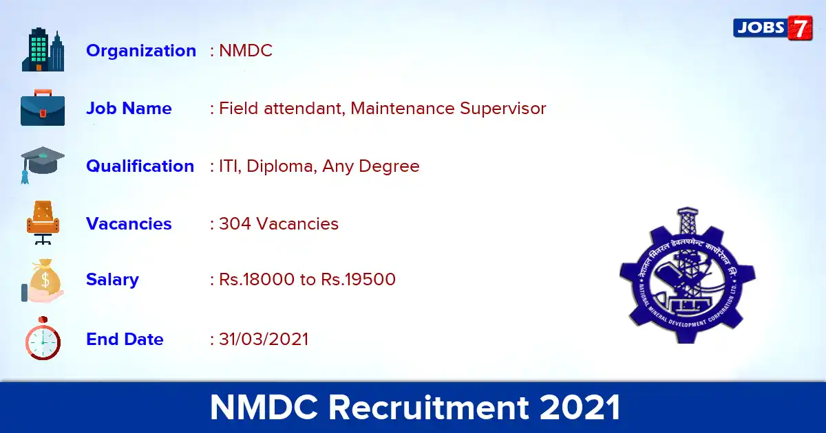 NMDC Recruitment 2021 - Apply for 304 Field attendant, Maintenance Supervisor vacancies