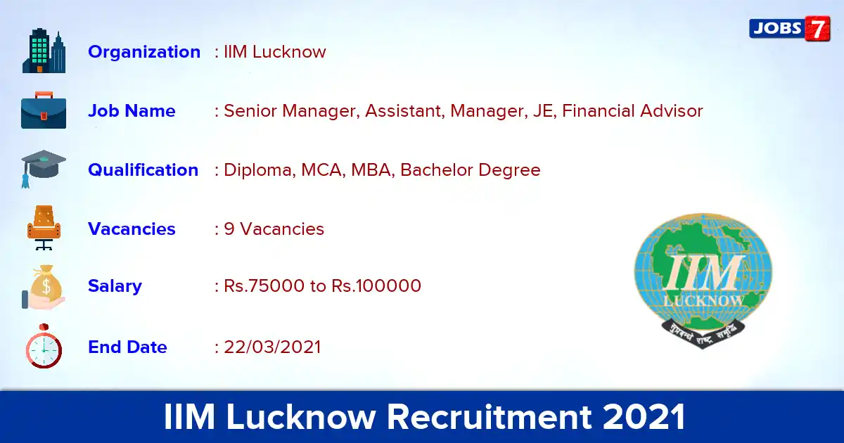 IIM Lucknow Recruitment 2021 - Apply Offline for Senior Manager Jobs