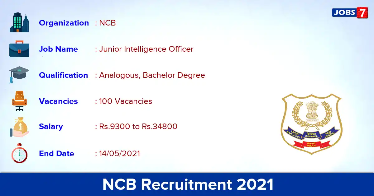 NCB Recruitment 2021 - Apply Offline for 100 Junior Intelligence Officer vacancies