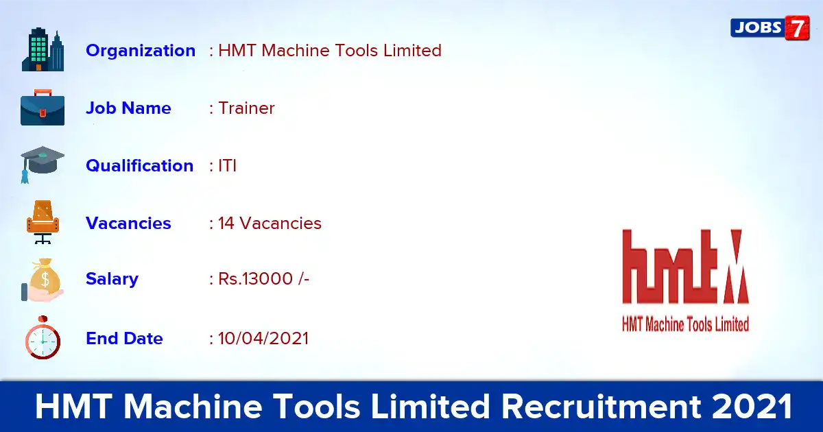 HMT Machine Tools Limited Recruitment 2021 - Apply Offline for 14 Trainer vacancies