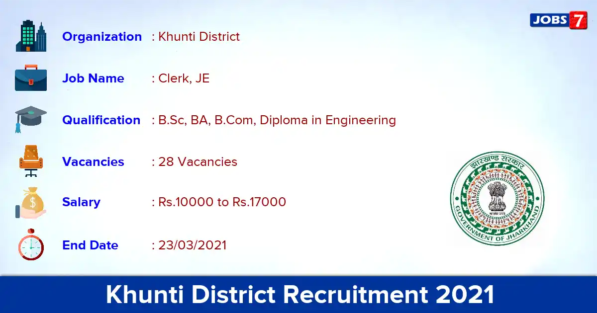 Khunti District Recruitment 2021 - Apply Offline for 28 Clerk, JE vacancies