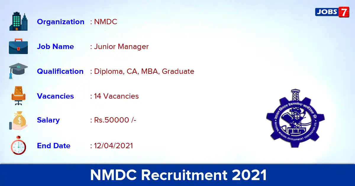 NMDC Recruitment 2021 - Apply Online for 14 Junior Manager vacancies