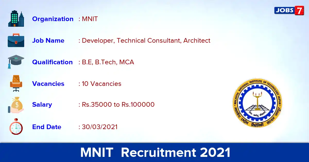 MNIT  Recruitment 2021 - Apply Online for 10 Technical Consultant vacancies