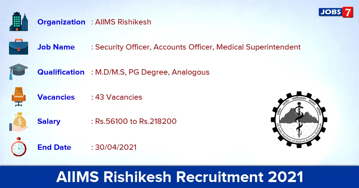 AIIMS Rishikesh Recruitment 2021 - Apply Online for 43 Accounts Officer vacancies