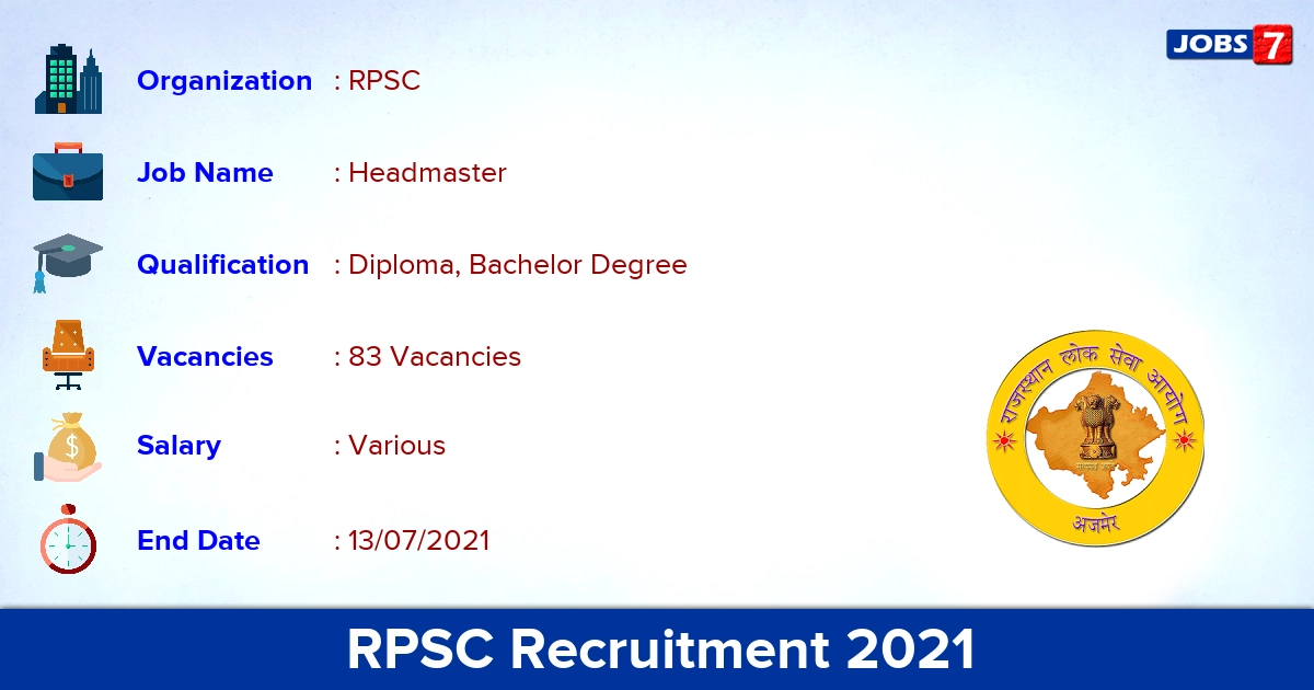 RPSC Recruitment 2021 - Apply Online for 83 Headmaster vacancies