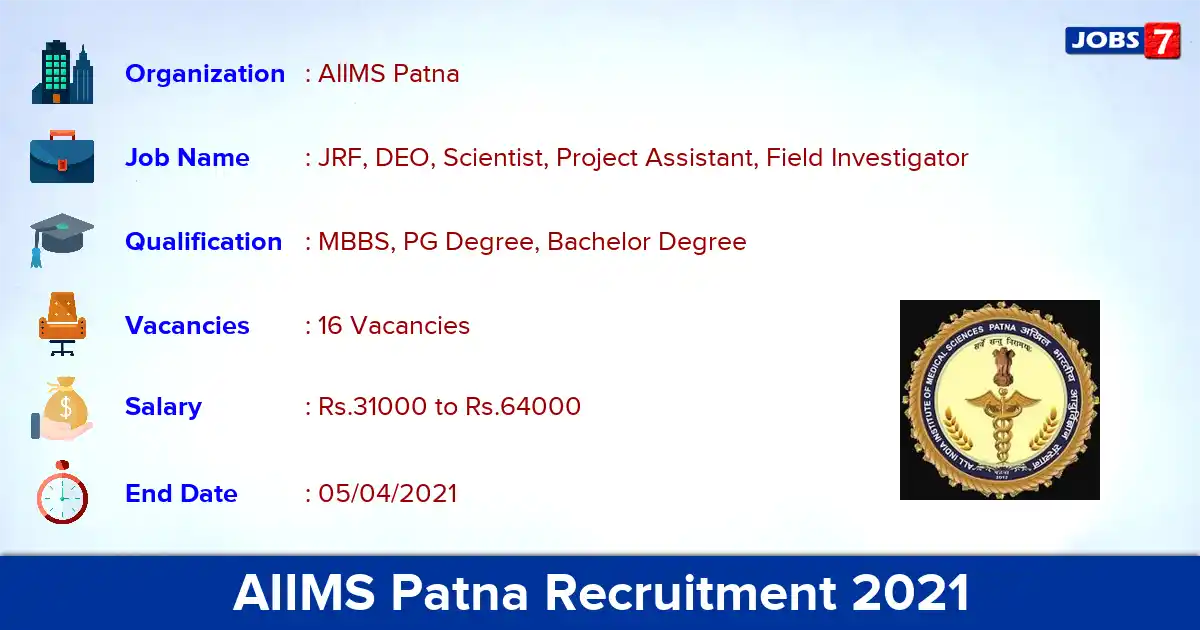 AIIMS Patna Recruitment 2021 - Apply Offline for 16 JRF, DEO vacancies