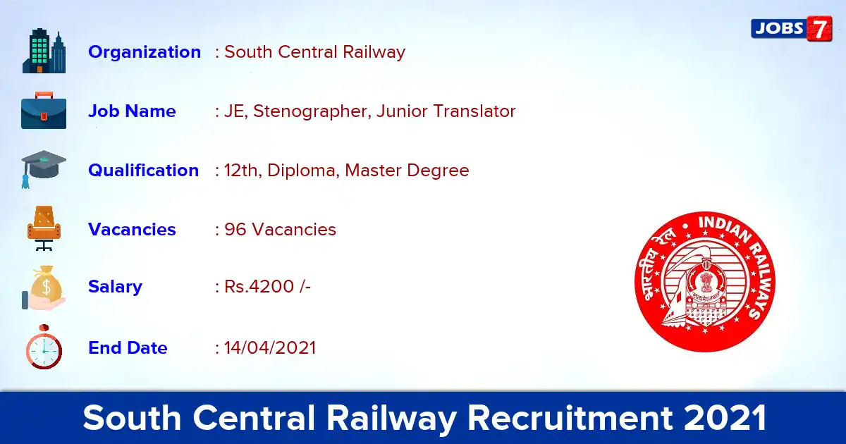 South Central Railway Recruitment 2021 - Apply Online for 96 JE, Stenographer vacancies