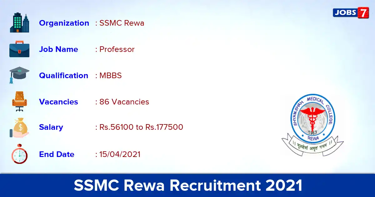 SSMC Rewa Recruitment 2021 - Apply Offline for 86 Professor vacancies