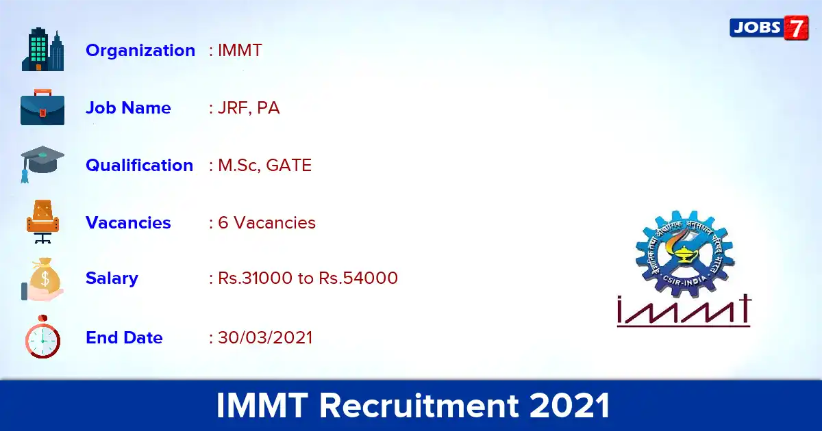 IMMT Recruitment 2021 - Apply Online for JRF, PA Jobs